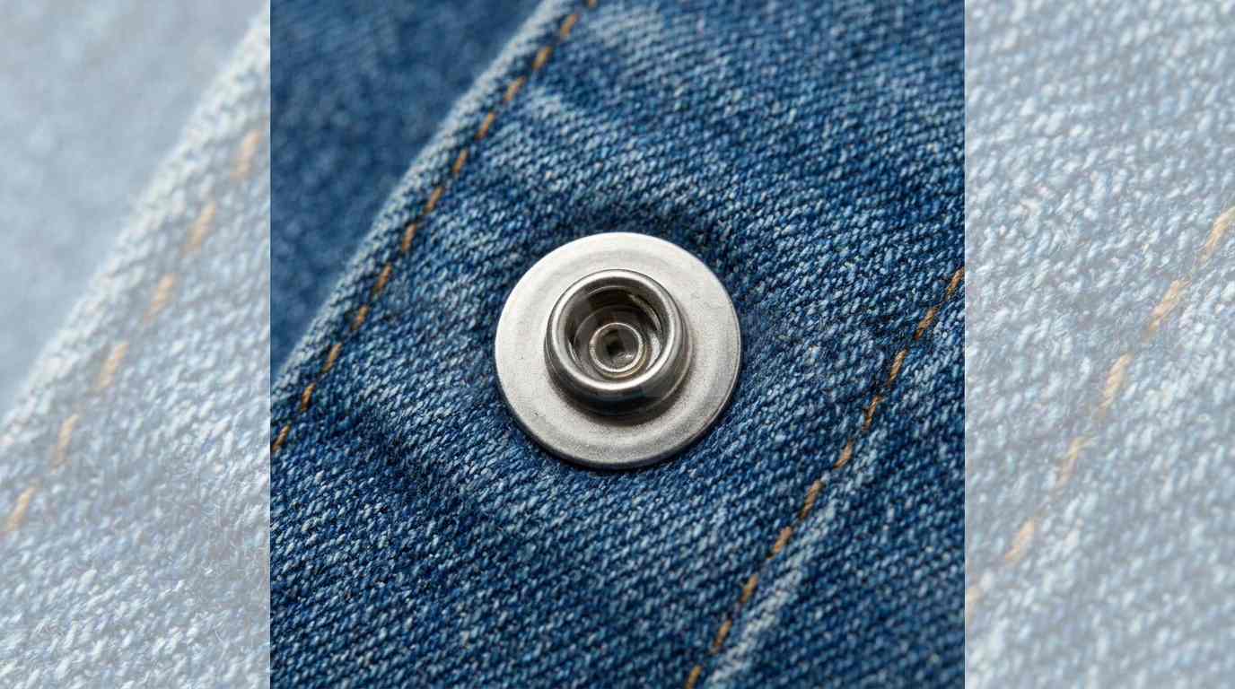 sewing snaps fasteners, The sewing snaps fasteners shown here feature a round silver metal snap installed on blue denim fabric.